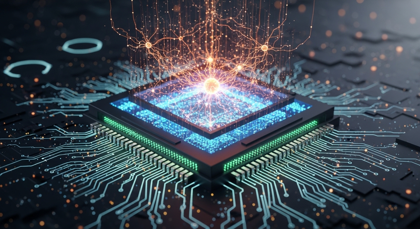 A high-tech, abstract representation of Google's Tensor G5 System-on-Chip (SoC), featuring intricate microcircuitry and glowing data pathways. Emphasize the AI processing capabilities with subtle, energetic neural network patterns emanating from the chip, set against a dark, futuristic background. The image should convey intelligence and advanced engineering.