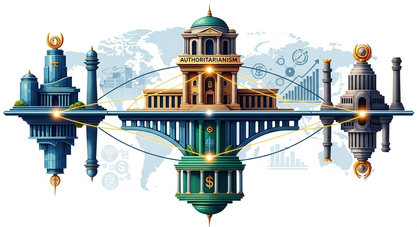 An abstract, conceptual image representing various governance systems (e.g., democratic, authoritarian, hybrid) as interconnected, stable structures. Show a sense of balance and endurance, with a subtle global map or subtle elements of national prosperity in the background. Illustrate the architecture of a durable state, incorporating modern and classical motifs. High detail, vibrant yet authoritative tones, digital art.