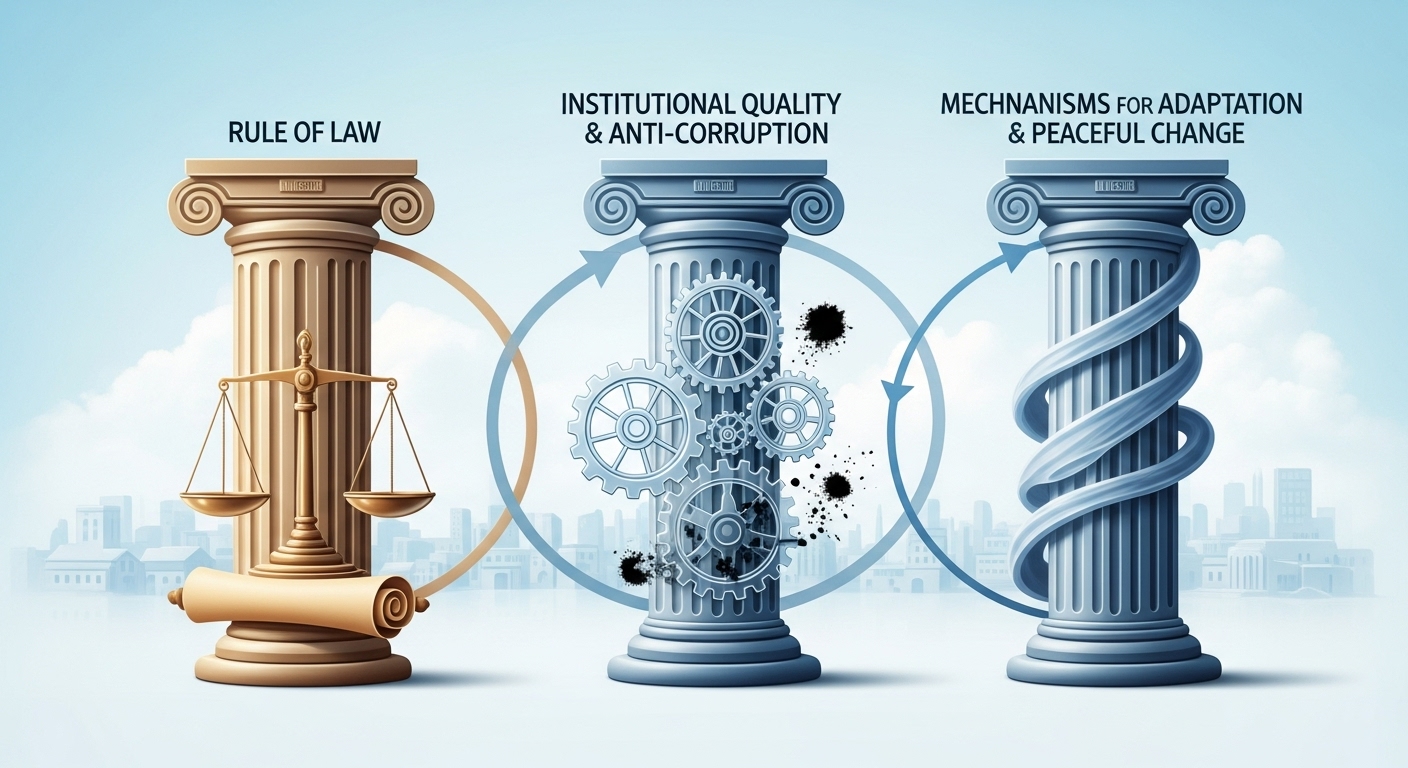 Governance Systems & Political Stability: A Comparative View 2 A conceptual illustration depicting three interconnected pillars symbolizing the foundations of stable and prosperous governance: 'Rule of Law' (represented by balanced scales and a legal scroll), 'Institutional Quality & Anti-Corruption' (shown as transparent, interlocked gears working smoothly, with corruption being swept away as shadows), and 'Mechanisms for Adaptation & Peaceful Change' (depicted as evolving structures or fluid pathways). The image should be authoritative, clear, and convey strength and resilience, with a bright, optimistic color palette, against a subtle background of a well-ordered, flourishing city. Digital art.