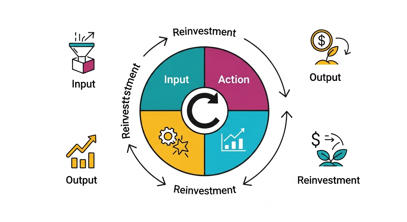 Growth Loops vs. Funnels: Scalable Marketing Strategies 1 A clear and concise diagram illustrating the four stages of a growth loop: Input, Action, Output, and Reinvestment. The diagram should be circular or cyclical, showing how each stage seamlessly flows into the next to create a self-sustaining system. Use icons or simple visual elements to represent each stage, with arrows indicating the direction of flow. Professional, clean, and modern design.