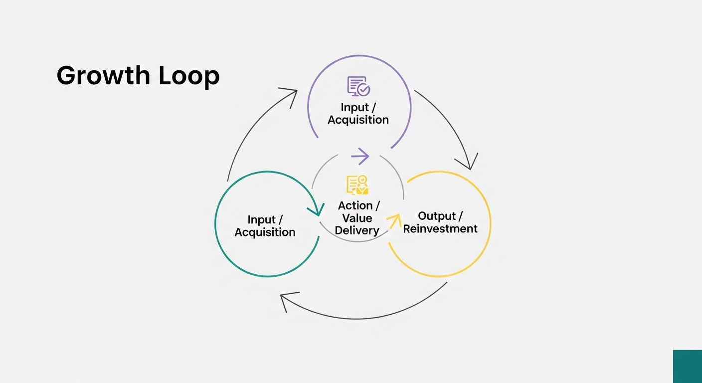 Growth Loops vs. Marketing Funnels: The Definitive Guide 2 A clear, minimalistic diagram illustrating the 'Growth Loop' concept. It should show three interconnected nodes or segments labeled 'Input / Acquisition', 'Action / Value Delivery', and 'Output / Reinvestment', arranged in a continuous, circular flow with arrows indicating the direction. Use modern, clean design elements with subtle icons or graphics representing each stage. The background should be neutral, emphasizing the cyclical nature of the loop.