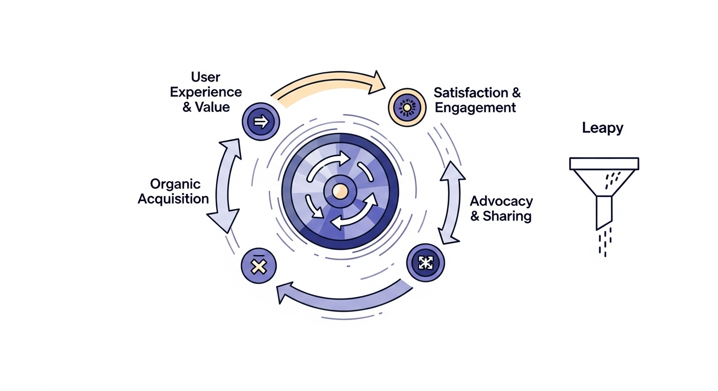 Growth Loops vs. Marketing Funnels: A Strategic Analysis 2 A dynamic, interconnected visual representing a Product-Led Growth (PLG) flywheel. The central element should be a spinning flywheel, with arrows showing continuous momentum. Around the flywheel, illustrate key stages like 'User Experience & Value', 'Satisfaction & Engagement', 'Advocacy & Sharing', and 'Organic Acquisition', all feeding into each other in a loop. In the background, subtly contrast this with a 'leaky' linear funnel symbol to emphasize the difference. Use a vibrant, modern, and engaging graphic design style with a sense of motion.