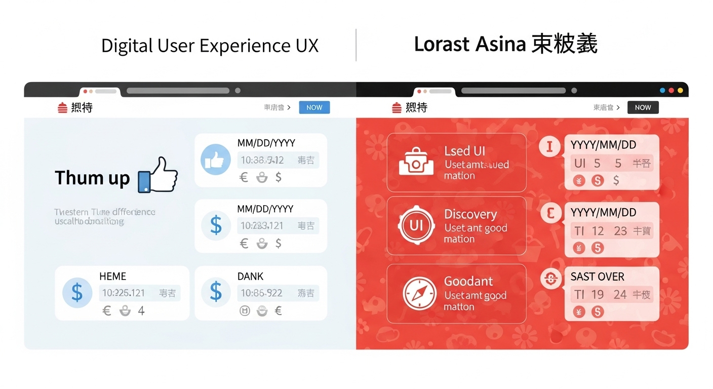 An infographic-style image illustrating the stark differences in digital user experience (UX) design across cultures. On one side, a clean, minimalist Western webpage layout with 'thumbs up' gesture. On the other, a vibrant, information-dense East Asian webpage with culturally appropriate imagery. Highlight color symbolism (e.g., red used differently) and unique UI navigation patterns (like a compass icon for discovery). The image should subtly show different date formats and currency symbols, emphasizing localization over mere translation.