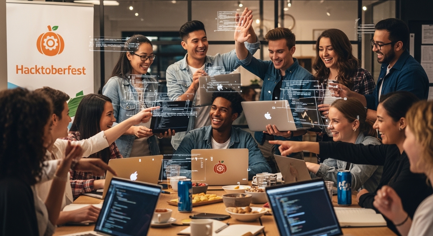 A diverse group of smiling developers, some holding laptops, collaborating on an open-source project. The scene should convey a celebratory and inclusive atmosphere, with digital code elements and the Hacktoberfest logo subtly integrated, emphasizing teamwork and learning for beginners.