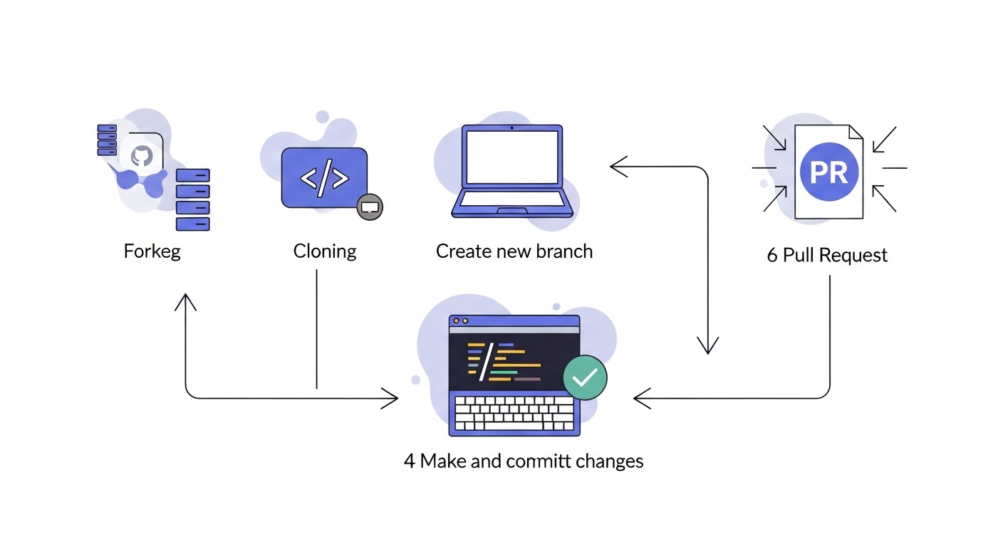 A modern, simplified infographic or flow diagram illustrating the Git/GitHub/GitLab open-source contribution workflow. Steps should include: 1) Forking a repository (represented by a server icon and a smaller, personal server icon), 2) Cloning to a local machine (laptop icon), 3) Creating a new branch, 4) Making and committing changes (code editor with keyboard and checkmark), 5) Pushing to the forked repository, and 6) Opening a Pull Request (PR symbol with arrows pointing to the main repository). Use clean lines, abstract digital elements, and clear directional arrows to show the flow. The overall aesthetic should be beginner-friendly, emphasizing clarity and ease of understanding, with a palette matching common tech branding (blues, purples, greys).