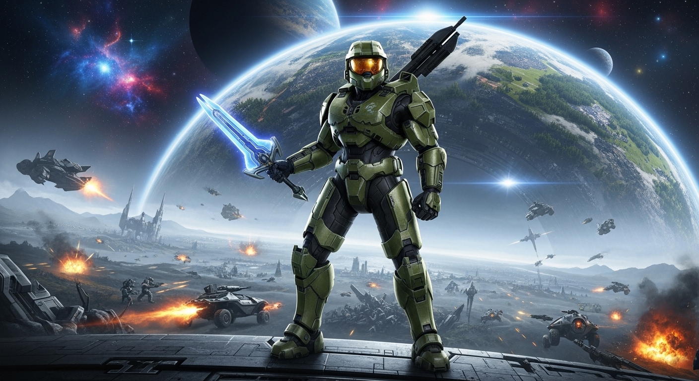 Master Chief standing heroically on the Halo Ring, with a futuristic battlefield in the background under a cosmic sky. Epic, sci-fi, detailed, 2000s era aesthetic.
