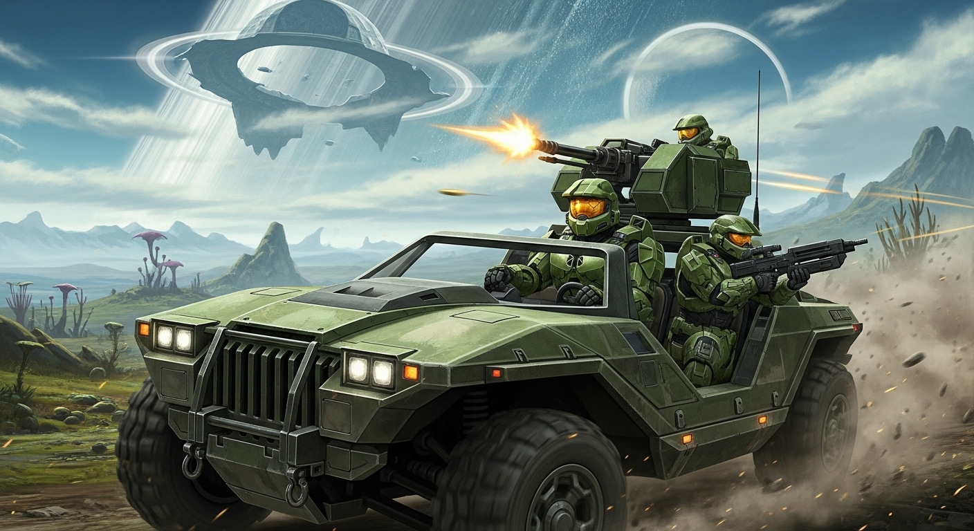 Master Chief and a Marine driving an iconic Warthog jeep, with another Marine manning the turret, through a vast alien landscape on the Halo ring. Action-packed, classic Halo art style, dynamic, 2000s era aesthetic.