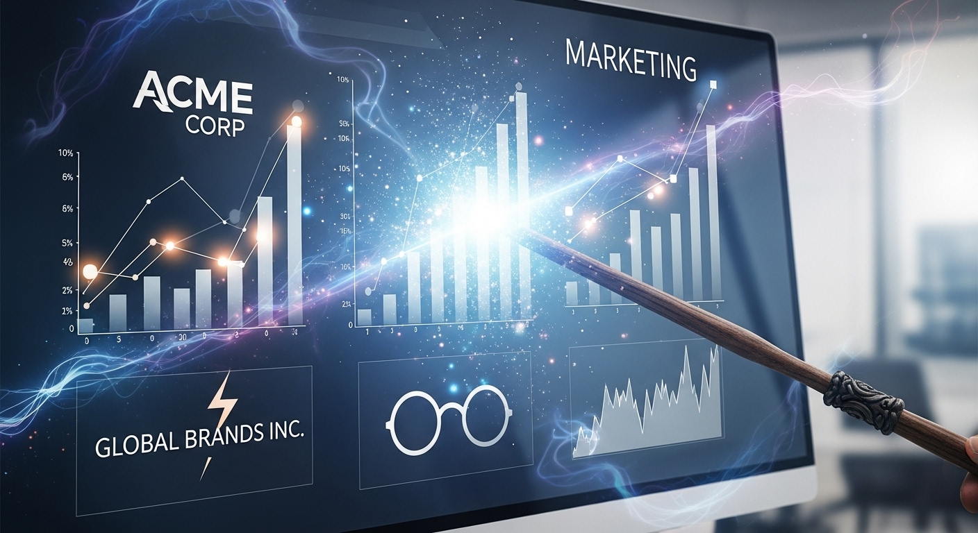A stylized image of a magic wand casting a spell onto a digital screen displaying marketing charts and brand logos, with subtle Harry Potter elements like a lightning bolt scar or round glasses integrated into the visual. The overall aesthetic should blend fantasy magic with modern digital marketing.