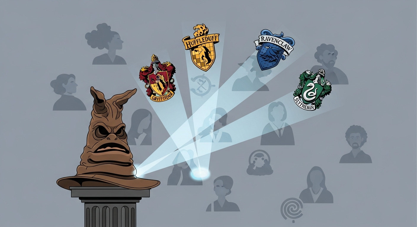 A stylized illustration of the Sorting Hat on a pedestal, with four distinct, ethereal beams of light extending from it. Each beam illuminates a unique, iconic emblem or shield representing one of the Hogwarts houses: Gryffindor, Hufflepuff, Ravenclaw, and Slytherin. The background subtly depicts diverse individuals or abstract symbols associated with each house's core values, suggesting how different personalities are 'sorted' into consumer segments. The aesthetic should be a blend of magical fantasy and modern infographic, clean and symbolic.