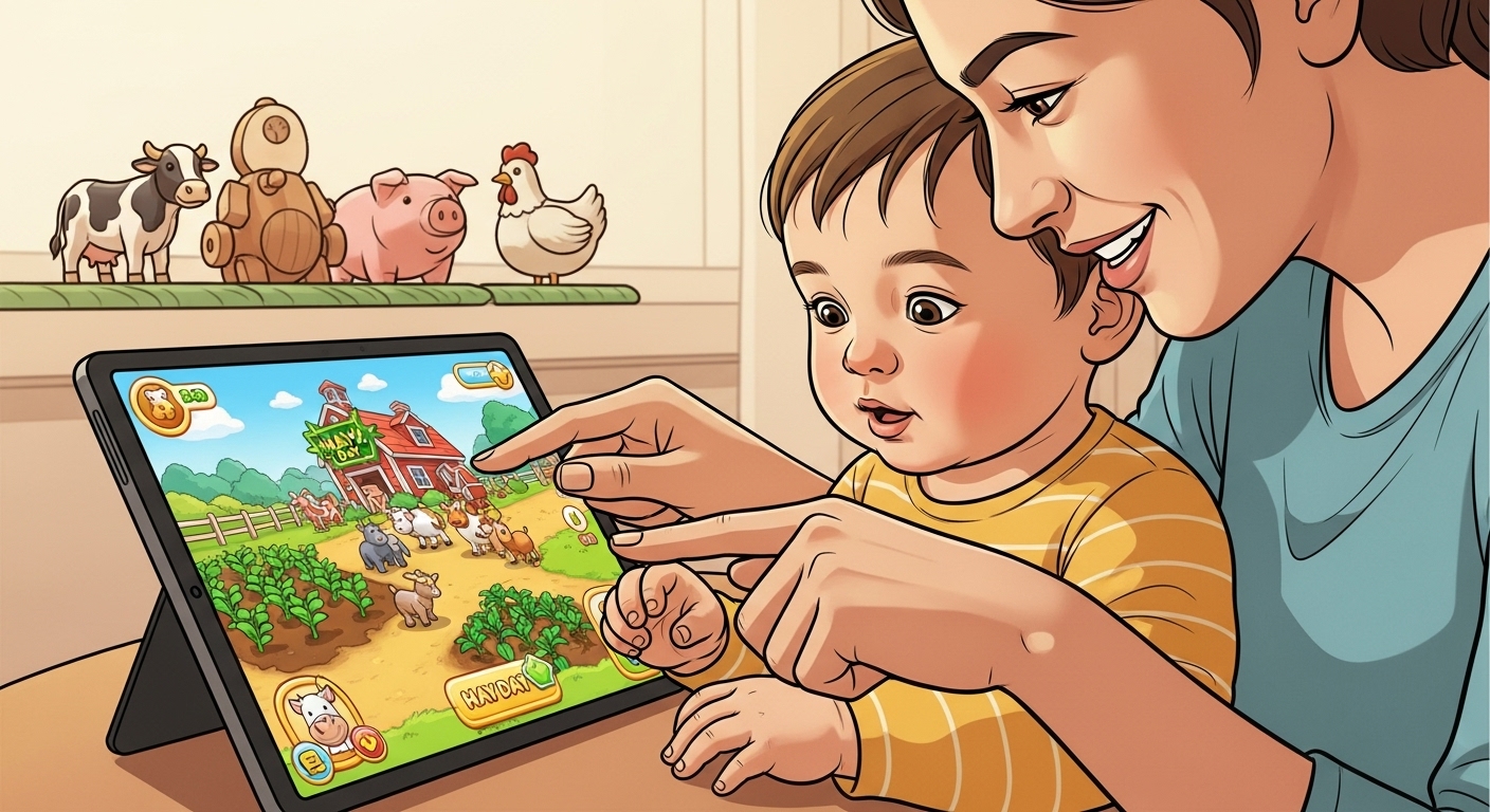 A joyful toddler and a parent sitting together, both looking at a tablet displaying the colorful Hay Day farm game. The parent is pointing and gently guiding the toddler's hand. In the background, there are subtle real-world farm animal toys, symbolizing the bridge between digital and physical learning. Bright, warm, and inviting illustration style, focusing on positive interaction.