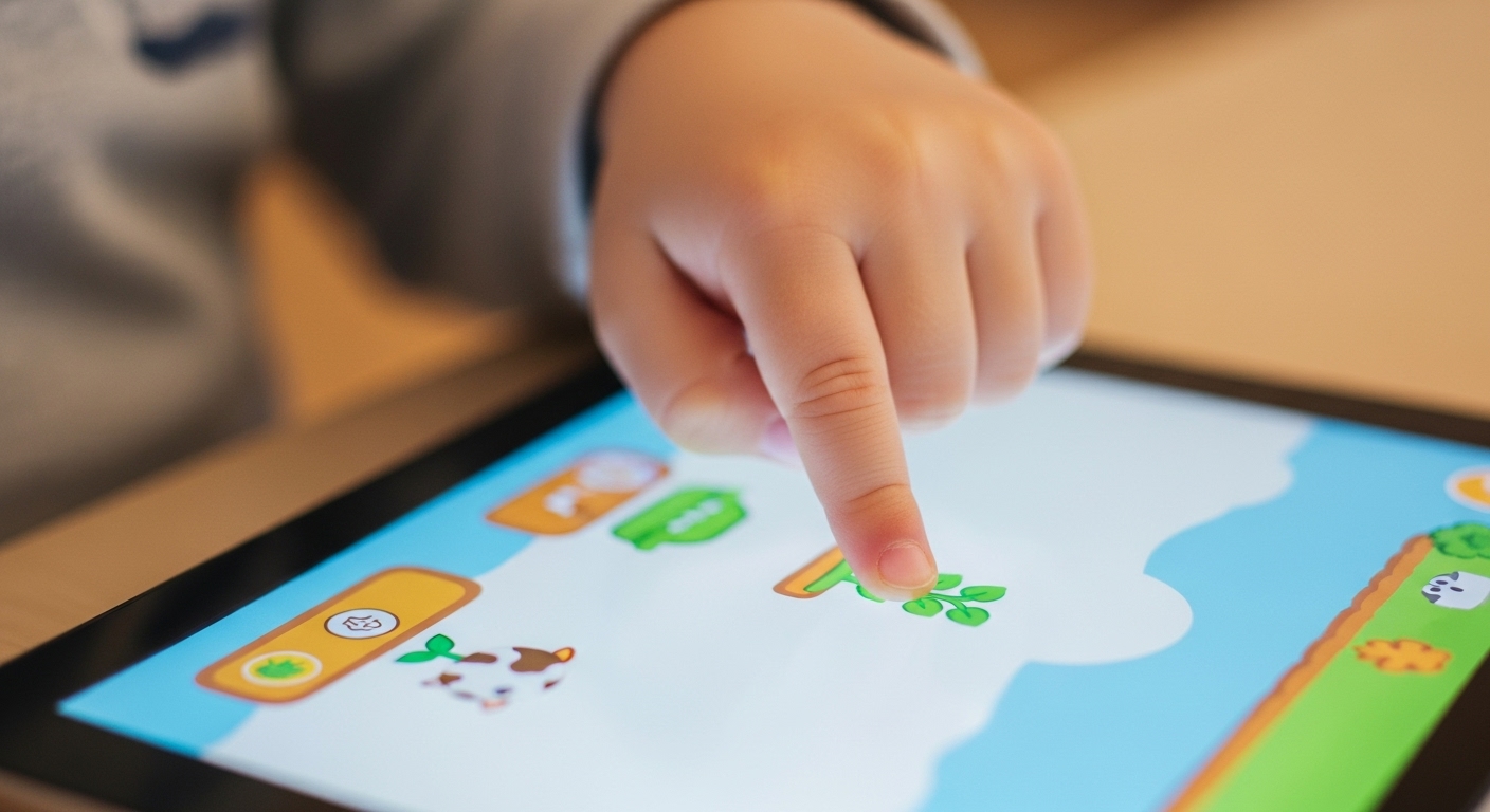 A close-up shot focusing on a toddler's small hand, specifically their index finger, gently tapping or swiping on a bright, colorful tablet screen. The screen displays simple, cartoon-like elements of a farming game, such as a single crop being harvested or an animal being fed. The background is softly blurred to keep the focus on the child's hand and the tablet, emphasizing fine motor skill development and concentration. Warm, inviting lighting.