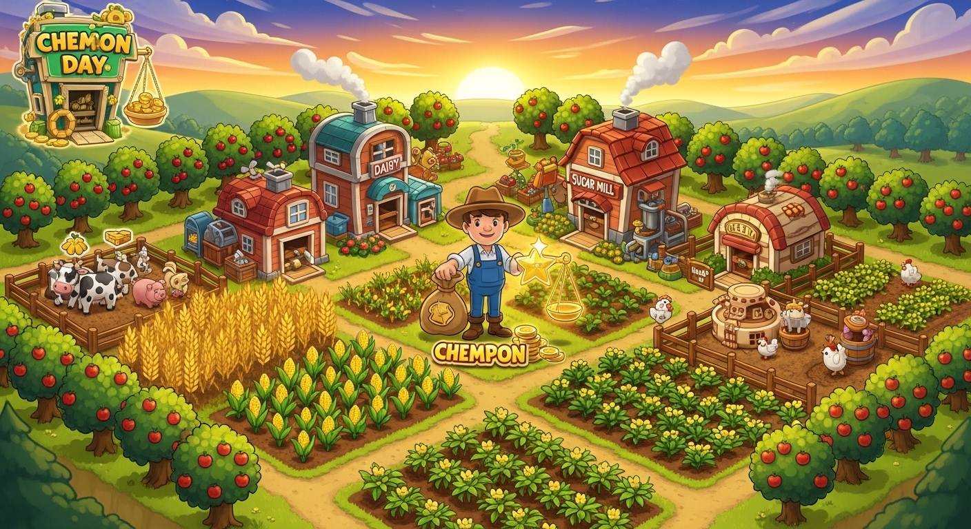 A vibrant, overhead view of a thriving Hay Day farm at sunset, with a golden glow indicating prosperity. A champion farmer character stands prominently, holding a coin bag in one hand and an experience star in the other, symbolizing balanced growth. The farm should show advanced machines and lush fields. Artistic style.