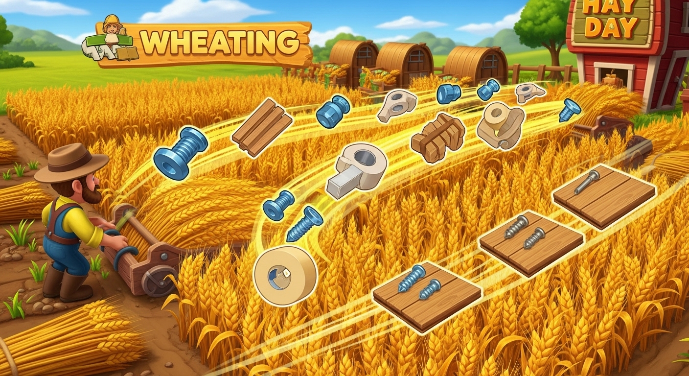 A detailed, vibrant illustration of a Hay Day farm field, specifically focusing on the 'wheating' strategy. Show a farmer character rapidly planting and harvesting golden wheat, with small, glowing expansion materials (bolts, planks, duct tape, nails, screws, wood panels) visibly dropping from the harvested wheat stalks. Emphasize the speed and continuous cycle of the process. The farm should appear active and industrious, with a focus on profit and material generation, in the distinct Hay Day art style.