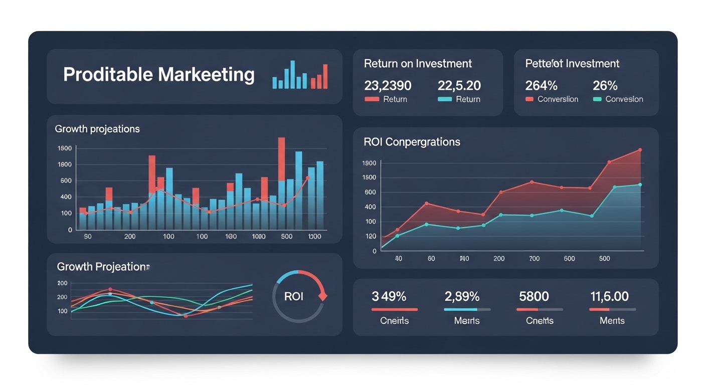 A vibrant, clean infographic or dashboard displaying financial projections, growth curves, and key performance indicators (KPIs) like ROI and conversion rates. Use modern data visualization elements such as bar charts, line graphs, and clear numerical readouts. The aesthetic should be professional and data-driven, symbolizing predictable growth and successful forecasting in digital marketing. Include subtle elements that suggest analysis and strategic planning.