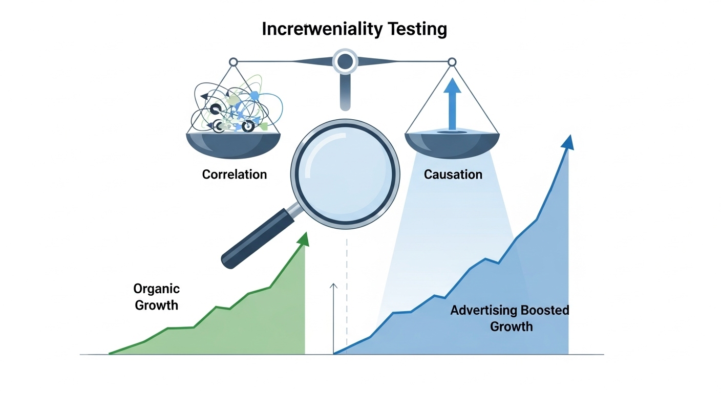 A graphic illustrating the concept of incrementality testing, showing two distinct paths of growth, one organic and one boosted by advertising, with a magnifying glass or a scale balancing 'correlation' versus 'causation' in marketing data. Professional, clear, analytical, digital art style.
