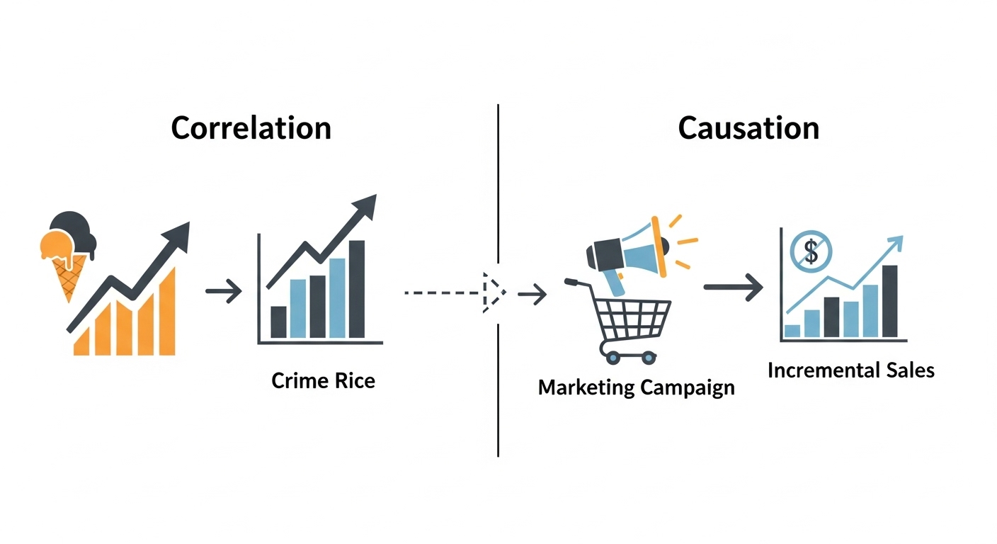 Incrementality Testing: Measure True Ad Impact, Optimize Budgets 2 Digital illustration contrasting 'Correlation' and 'Causation' in marketing data. On one side, two unrelated upward trending graphs or symbols (e.g., an ice cream cone and a crime rate bar chart) are shown together, labeled 'Correlation' with a broken or dashed arrow between them, indicating no direct causal link. On the other side, a clear, solid arrow points directly from 'Marketing Campaign' (represented by a relevant icon) to 'Incremental Sales' (represented by growing revenue or a chart), labeled 'Causation'. The design should be clean, analytical, and informative, using a professional digital art style.