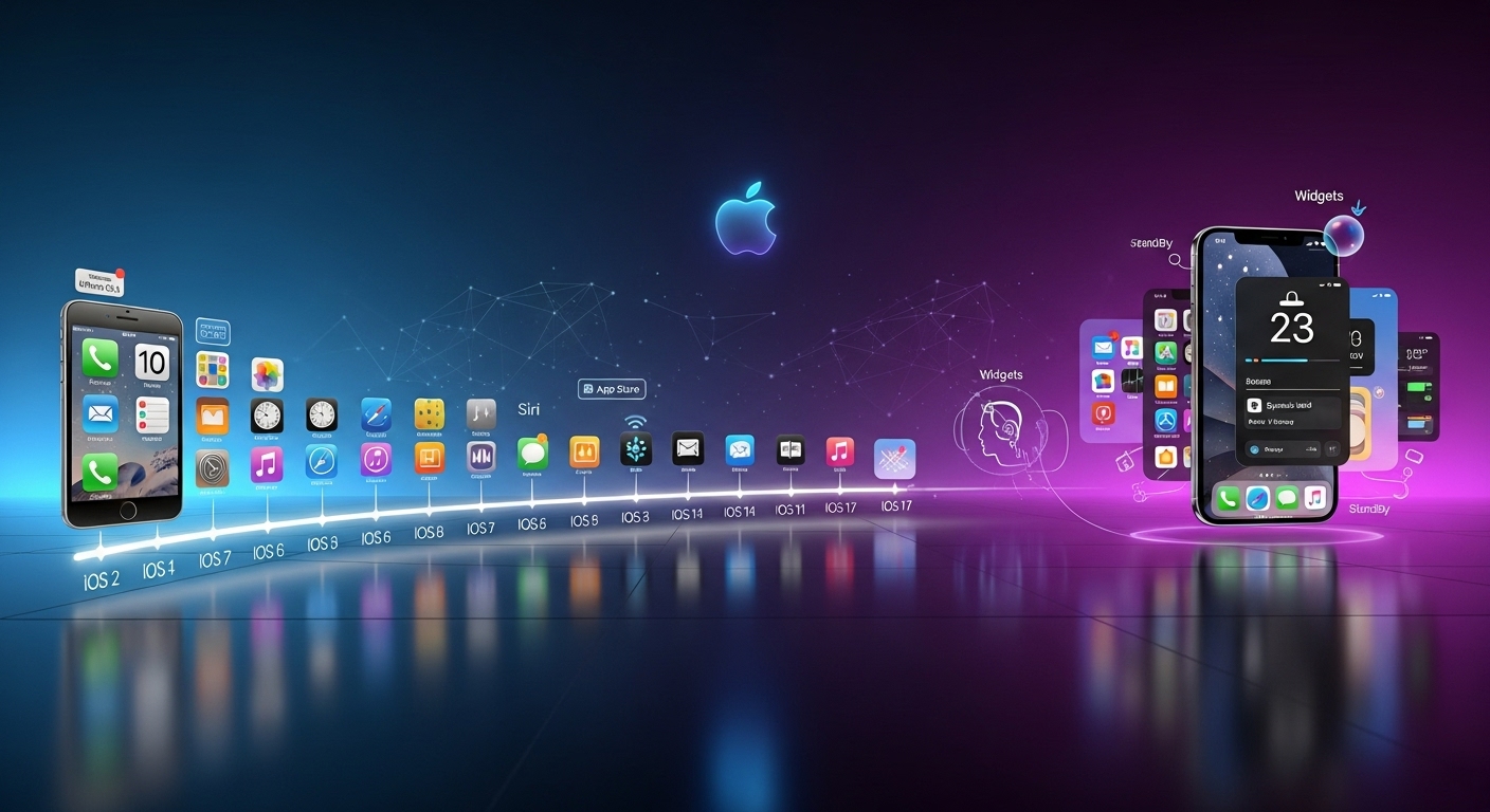 A futuristic yet historical depiction of iOS evolution, featuring a sleek timeline from classic iPhone OS icons to modern iOS UI elements, symbolizing the journey from a basic mobile OS to an intelligent ecosystem. Incorporate subtle Apple branding. Vibrant and clean style.