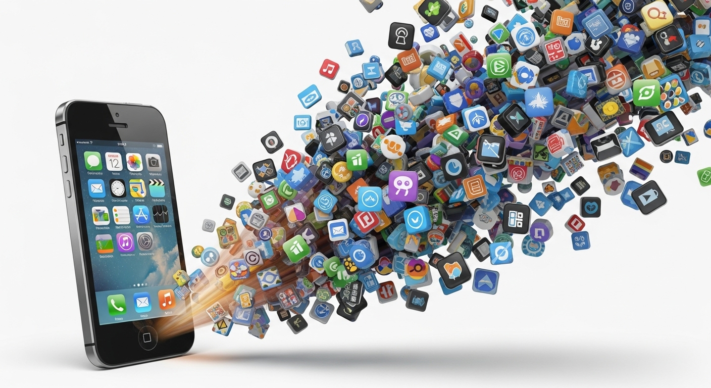 iOS Evolution: A Comprehensive History & Guide 2 An artistic representation of the 'App Store Revolution,' showing a vibrant explosion of diverse mobile app icons emanating from an early iPhone model, symbolizing the launch of the App Store and the creation of a vast developer ecosystem. The icons should represent a variety of app categories (games, social media, utilities), showcasing the platform's versatility. Emphasize growth, innovation, and a sense of endless possibilities. Clean, digital art style.