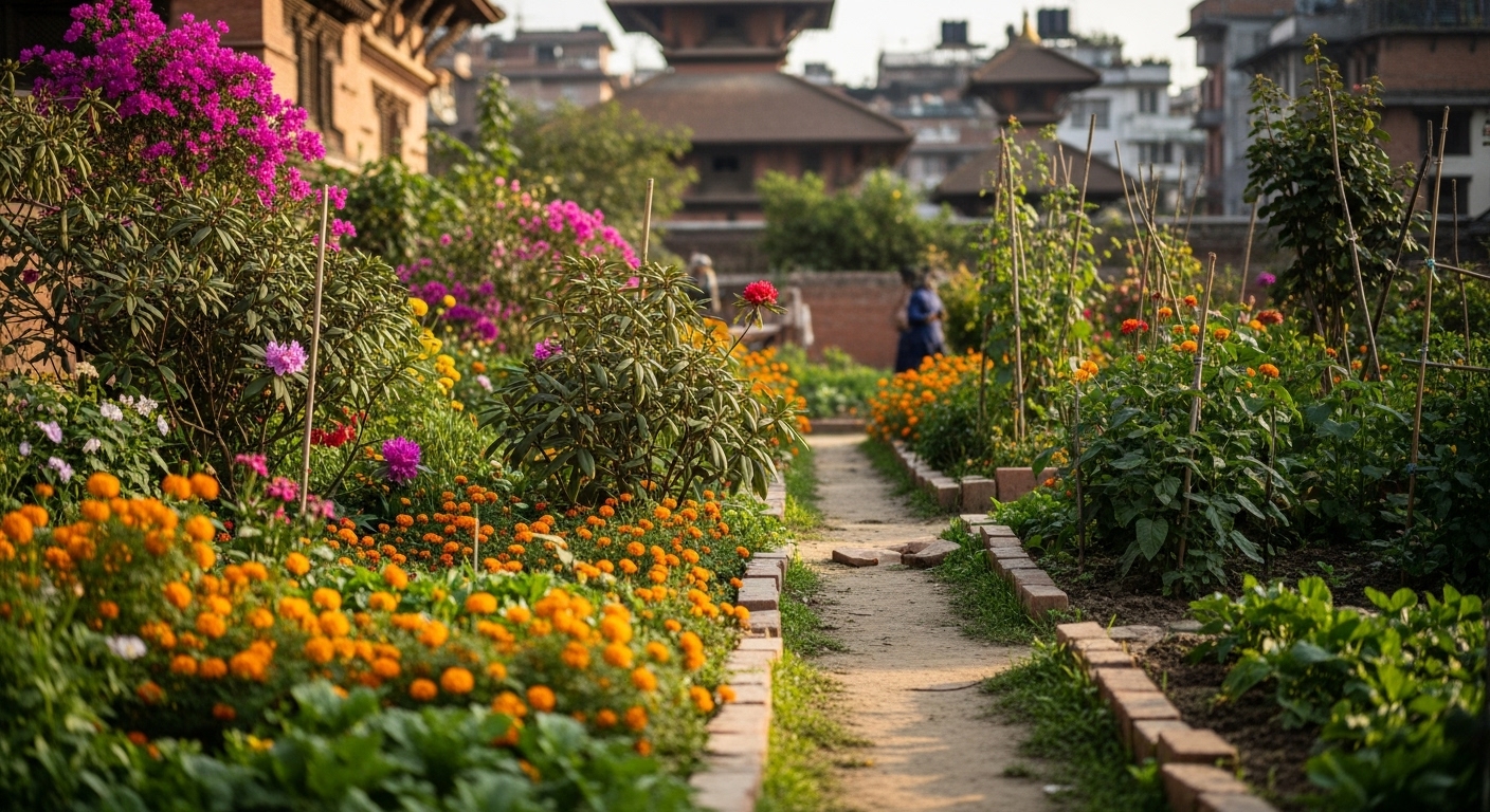 A vibrant, eye-level photo of a beautifully blooming community garden in a previously neglected urban space in Kathmandu, Nepal, with traditional Nepalese architecture in the soft background, showing colorful flowers and lush greenery transforming the area. Golden hour lighting, soft focus on the background. Cinematic, realistic.