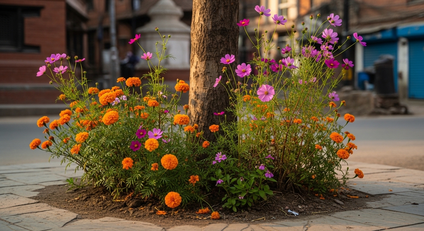 A vibrant, eye-level photo showcasing a selection of beautiful, hardy, and low-maintenance flowers blooming in an urban environment in Kathmandu, Nepal. Include culturally significant flowers like Marigolds (Saipatriphool), along with Cosmos and local Himalayan wildflowers, growing in cracks of pavement, at the base of a tree, or in a neglected roadside planter. The scene should convey resilience and a burst of color against a backdrop of traditional Nepalese architecture or urban street elements. Golden hour lighting, realistic, cinematic.