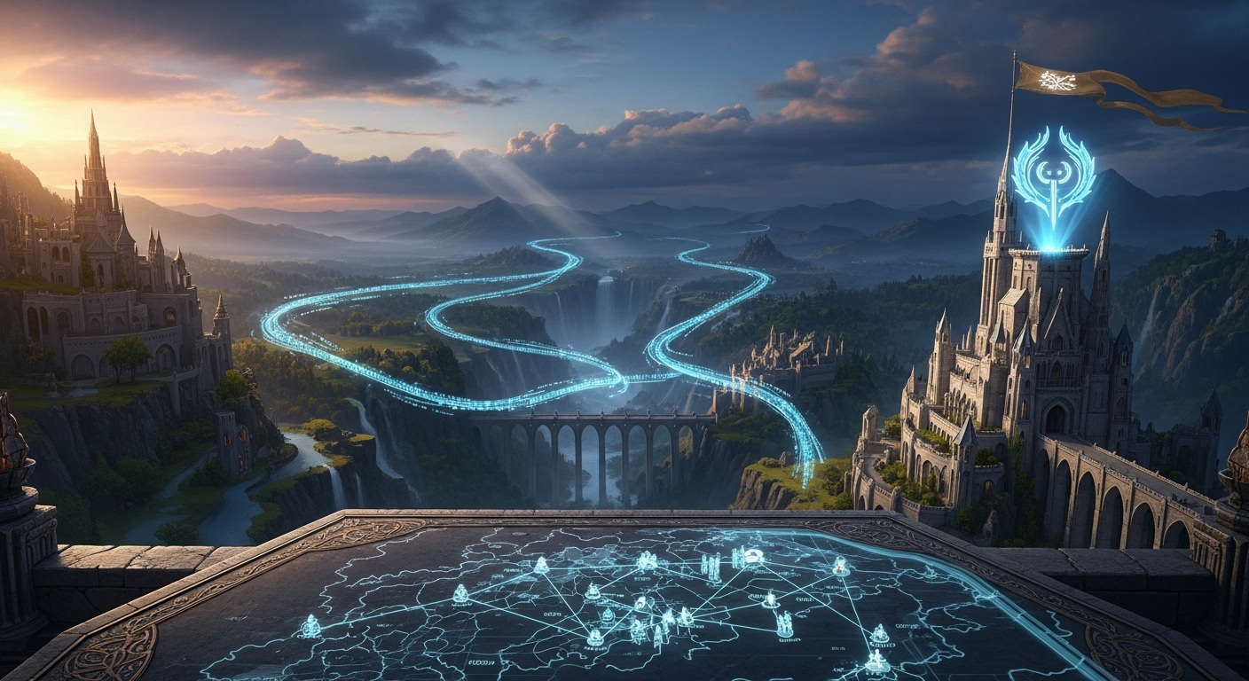 An epic, high-fantasy scene inspired by J.R.R. Tolkien's Middle-earth. A grand, mystical landscape (e.g., Rivendell or Gondor) with digital elements subtly integrated: glowing data streams forming paths, a brand logo like a sigil on a castle banner, or a network overlaying a map. Emphasize world-building, strategy, and immersion. Cinematic, detailed, rich colors.