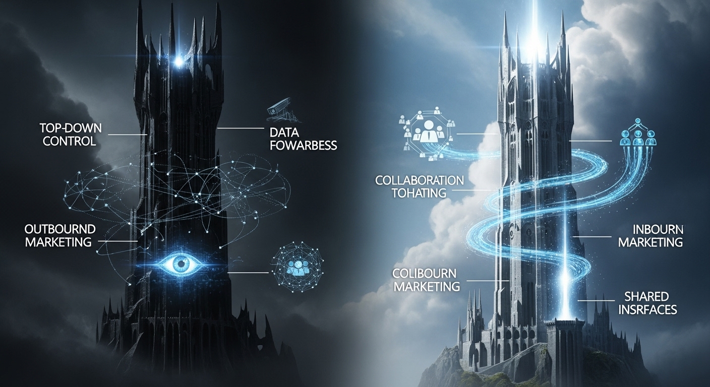 A striking visual representation of two contrasting philosophies in digital marketing, inspired by 'The Two Towers' from Lord of the Rings. On one side, a dark, imposing tower (like Barad-dûr) with digital elements symbolizing top-down control, data surveillance (e.g., a glowing eye, network lines entrapping), and outbound marketing tactics. On the other side, a bright, elegant tower (like Orthanc or Minas Tirith, but more refined) with digital elements symbolizing collaboration, community, and inbound marketing (e.g., flowing data streams connecting people, a beacon of light, shared interfaces). The scene should emphasize the conflict and the stark difference between domination and alliance. Cinematic, high contrast, symbolizing strategic choice.