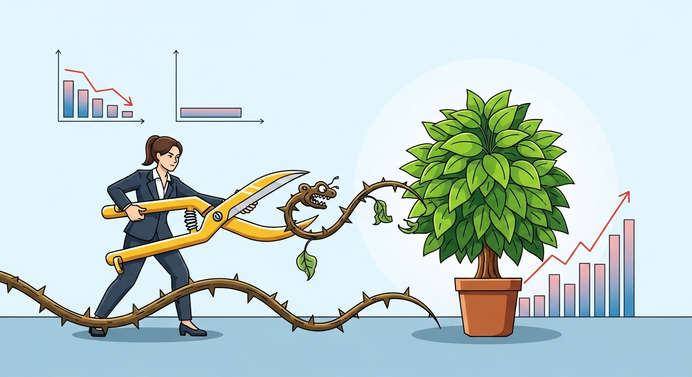 A stylized illustration depicting a business professional confidently guiding a difficult, thorny vine (representing a problematic client) away from a thriving, leafy plant (representing a valuable client), with graphs showing increased profitability in the background. The professional is holding a tool that symbolizes strategic management and pricing. The overall mood is empowering and strategic.