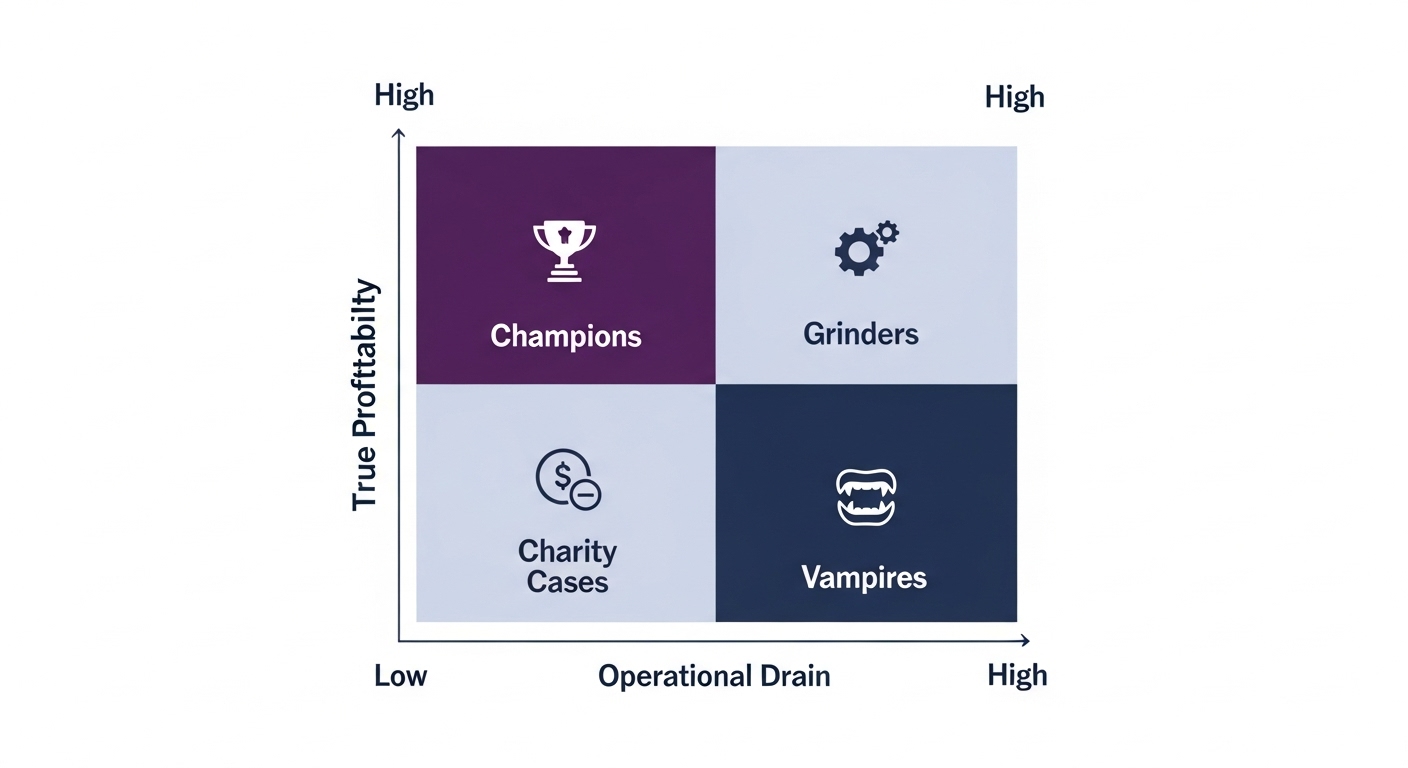 A clean, modern infographic of a 2x2 matrix. The vertical axis is labeled 'True Profitability' (from bottom 'Low' to top 'High'), and the horizontal axis is labeled 'Operational Drain' (from left 'Low' to right 'High'). The four quadrants are clearly demarcated and labeled: 'Champions' (high profitability, low drain, top-left), 'Grinders' (high profitability, high drain, top-right), 'Charity Cases' (low profitability, low drain, bottom-left), and 'Vampires' (low profitability, high drain, bottom-right). Each quadrant should have a small, relevant icon (e.g., a trophy for Champions, a gear for Grinders, a coin with a minus sign for Charity Cases, fangs for Vampires). Use a professional, business-oriented color palette.
