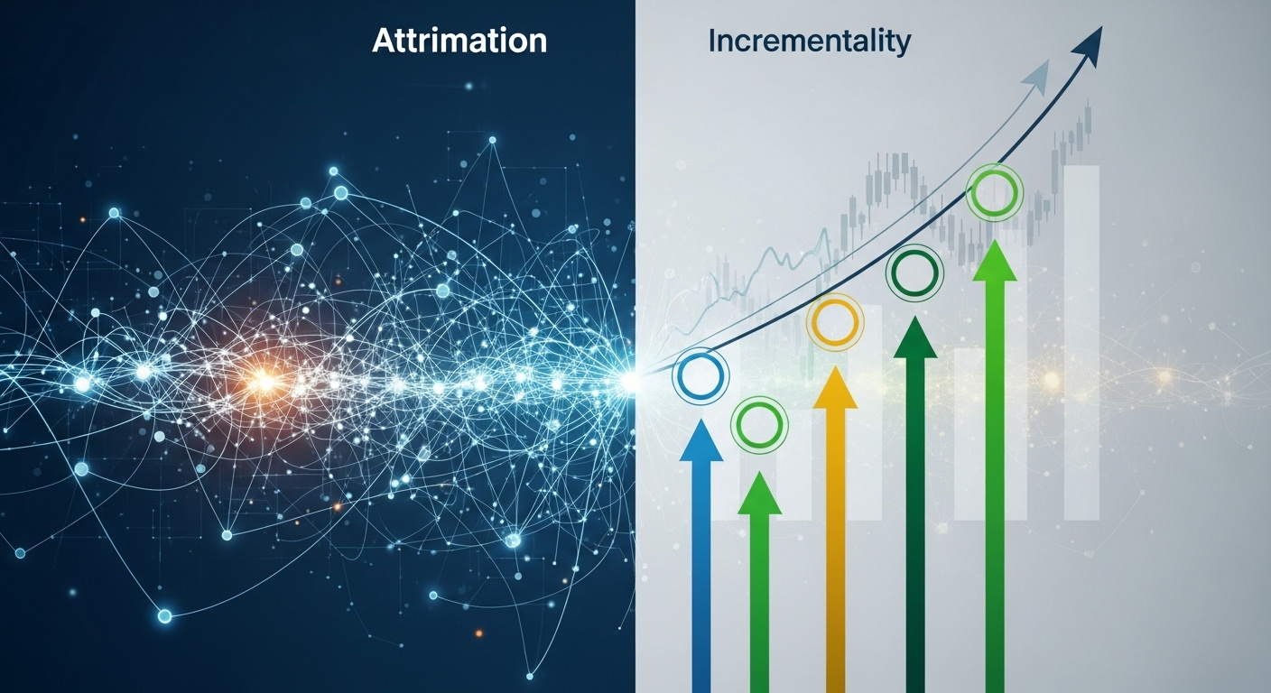 Abstract visualization representing the comparison between marketing attribution and incrementality. One side shows complex, interconnected data points and pathways (attribution, correlation), while the other side depicts isolated, clear cause-and-effect relationships with growth arrows (incrementality, causation). Modern, analytical, digital marketing aesthetic with subtle financial growth elements.