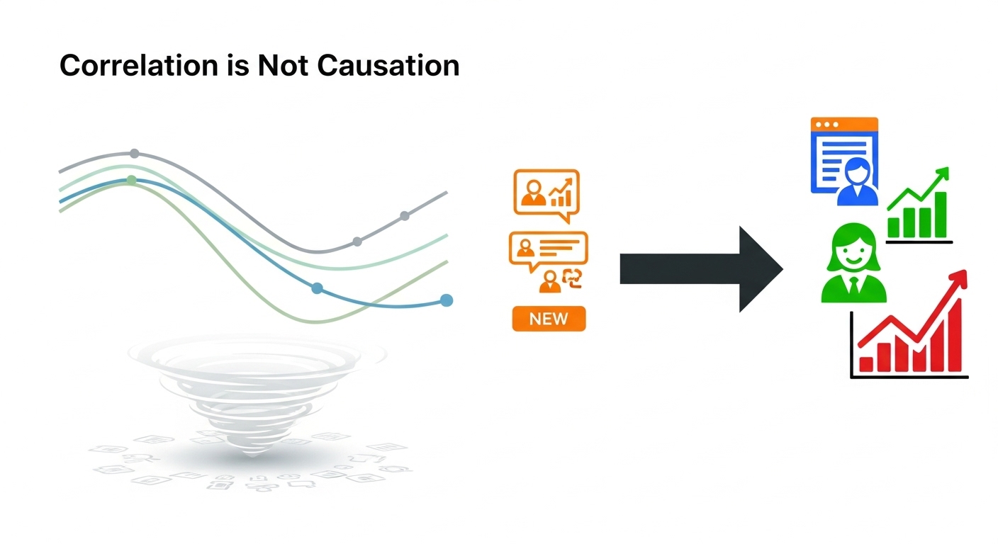 An abstract visual representing the concept 'Correlation is Not Causation' in marketing. On one side, show two lines or charts tracking together, suggesting a relationship (correlation), but with an underlying, unseen force or factor driving both, implying no direct causation between them. On the other side, show a clear, direct arrow from a specific marketing action to a distinct, new business outcome, symbolizing true causal impact. Use a modern, data visualization aesthetic, perhaps with muted colors for correlation and vibrant, impactful colors for causation.