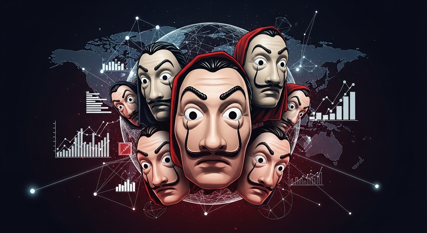 A stylized image featuring the iconic Dali masks from Money Heist, with elements of digital marketing graphics, analytics, and a globe, representing global brand-building and cult following. Dark, intense colors with hints of red.