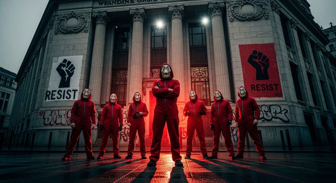 A group of figures wearing red jumpsuits and Salvador Dalí masks, standing in a dynamic formation, perhaps against a backdrop suggesting rebellion or a financial institution. The image should convey themes of unity, resistance, and anonymity. Cinematic style, dark, intense lighting with hints of red.