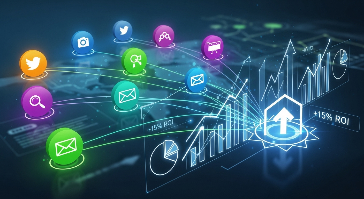 A vibrant, interconnected web of diverse digital marketing channels (social media, search, email, display ads) converging towards a single conversion point, with data analytics overlays and upward trending arrows symbolizing optimized ROI. A strategic dashboard or map is in the background, illustrating multi-touch attribution concepts, distinctly moving beyond a single final click. Modern, digital art style, clean, professional.