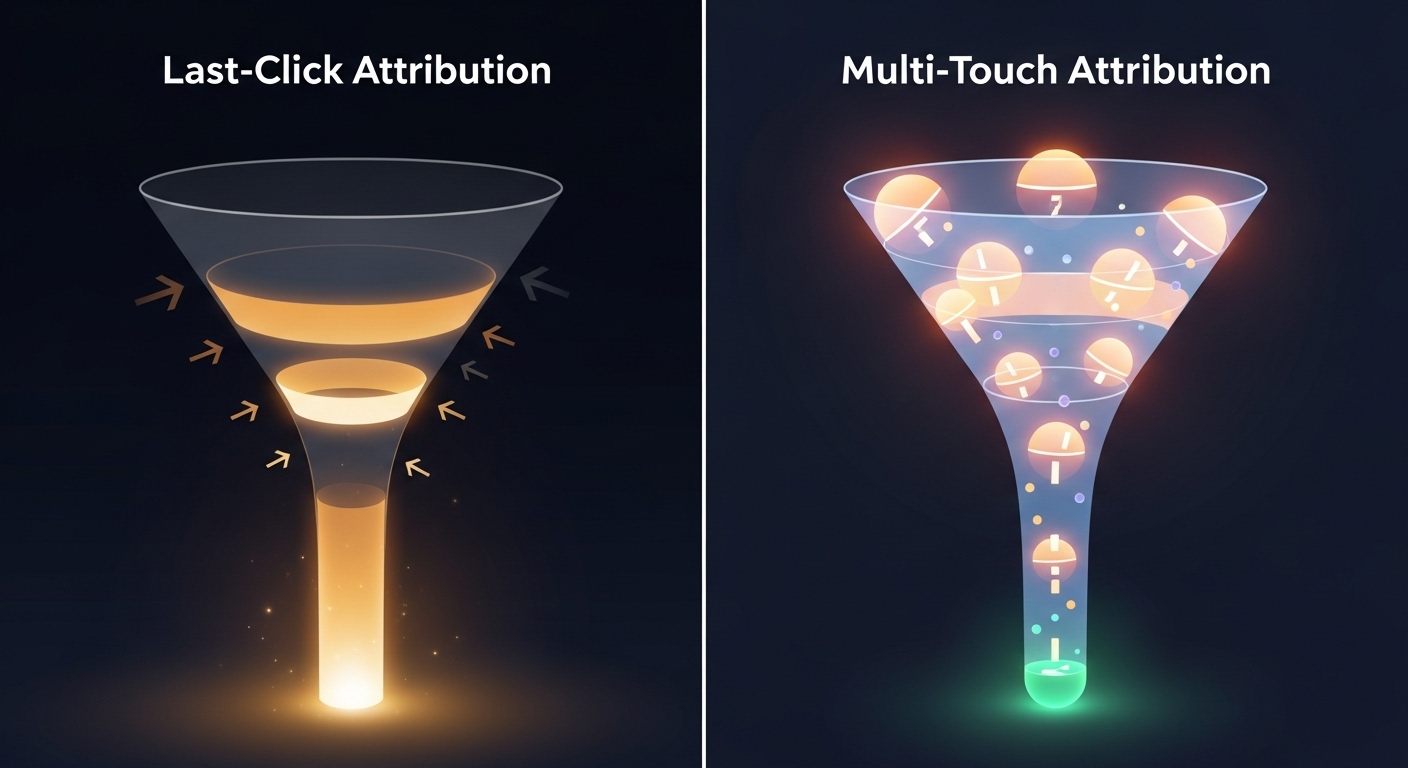 Multi-Touch Attribution: Optimize Marketing Spend Beyond Last-Click 2 A split image of two marketing funnels. The left funnel, labeled 'Last-Click Attribution,' shows a dark or diminishing top and middle, with all the credit (represented by a large, glowing segment) concentrated at the very bottom, illustrating a severe bias and neglect of earlier stages. The right funnel, labeled 'Multi-Touch Attribution,' is vibrant and well-distributed, with fractional credit (glowing segments or orbs) allocated across the top, middle, and bottom, showing a healthy, interconnected flow. Arrows or diminishing elements on the left funnel could hint at a 'death spiral.' Clean, professional, conceptual digital art.