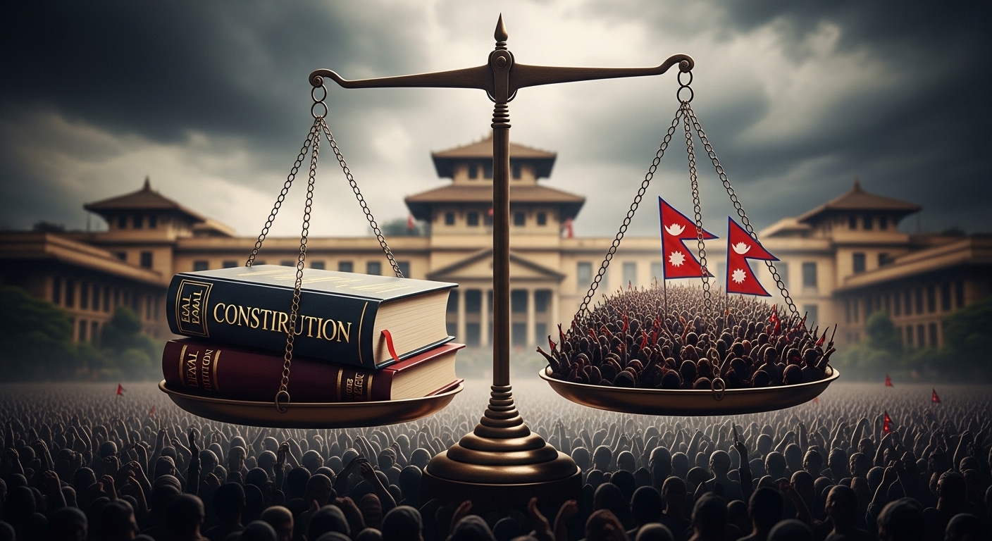 A dramatic visual metaphor for Nepal's constitutional crisis. Scales of justice, one side weighed by a legal book representing the constitution, the other by a surging crowd representing popular sovereignty, are heavily imbalanced. In the background, a slightly blurred image of the Nepalese parliament building under a stormy, uncertain sky. Emphasize the conflict between legal precedent and political reality, with a sense of fragility and tension.