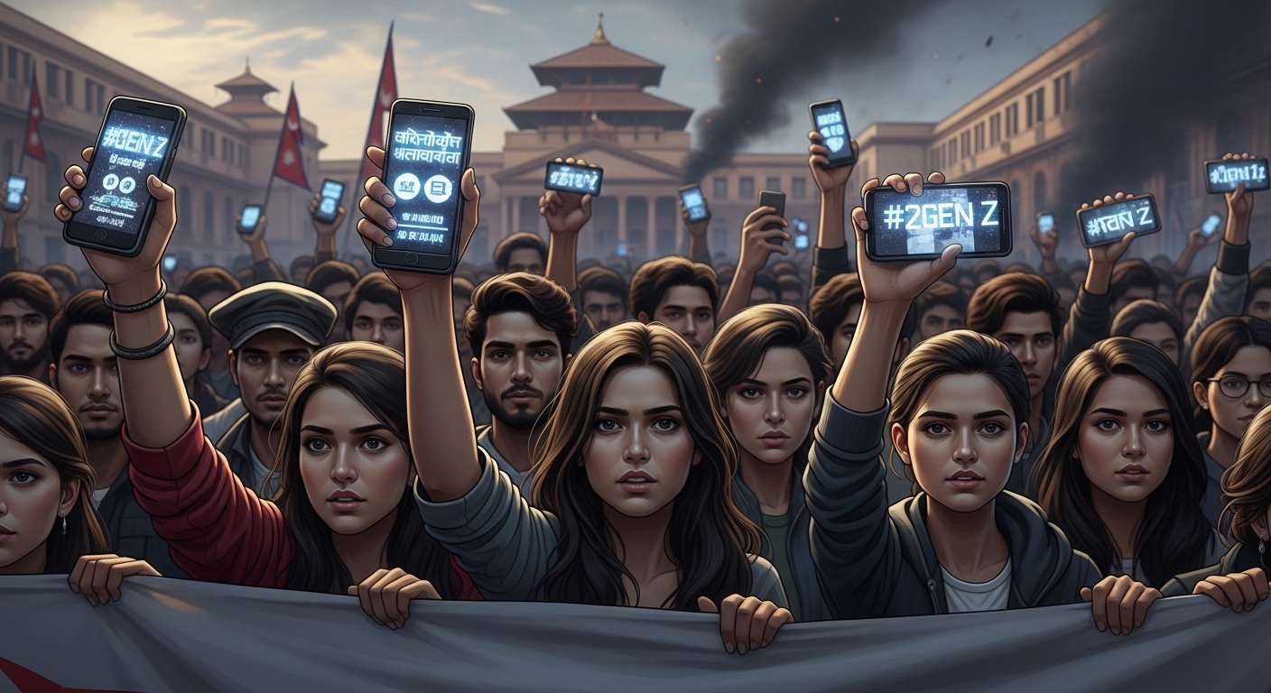 A powerful and dynamic scene depicting a large, diverse crowd of young Nepalese 'Gen Z' protestors. They are actively engaged, some holding up smartphones displaying protest hashtags and digital banners, others with determined expressions. In the background, a slightly damaged or smoke-tinged Nepalese parliament building can be seen, hinting at the intensity of the protests. The overall mood should convey both the energy of youth activism and the serious nature of civil unrest against government corruption and social media bans. Emphasize digital elements of protest.