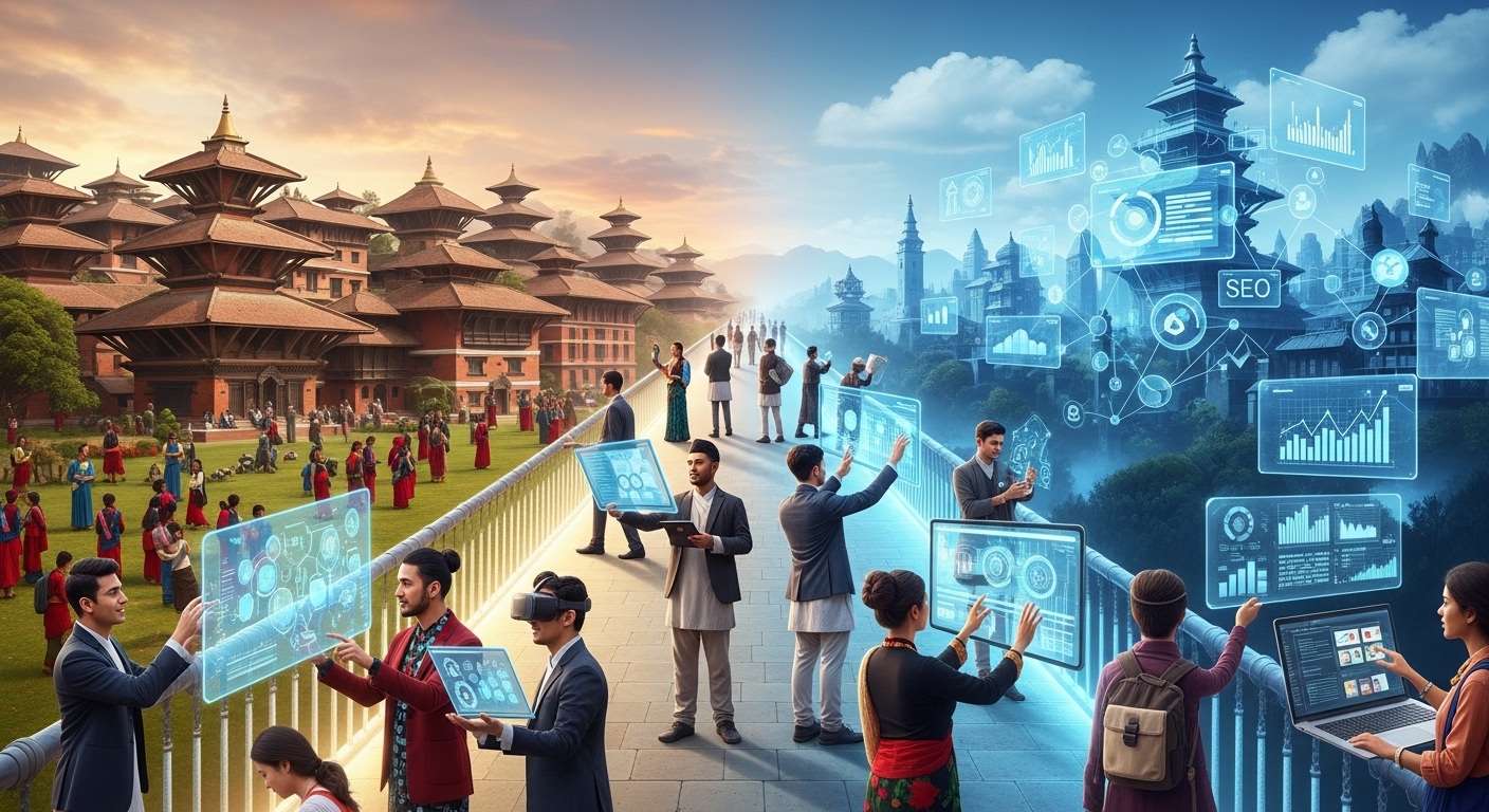 A conceptual image showing a bridge connecting a traditional Nepalese university campus with modern digital marketing tools and data visualizations. Students engaging with technology, symbolizing closing the skills gap.
