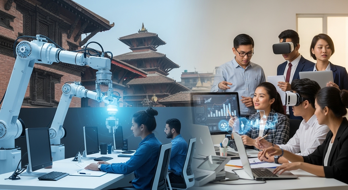 A visually striking image illustrating the impact of AI and automation on the Nepalese workforce. On one side, robotic arms automate routine office tasks like data entry, with subtle traditional Nepali architectural elements in the background. On the other side, young Nepali professionals collaborate, brainstorm, and solve complex problems using advanced analytics and creative tools, symbolizing the shift to higher-order skills. The scene should convey both disruption and adaptation, with a subtle blend of traditional and futuristic elements, emphasizing the human element in creative problem-solving.