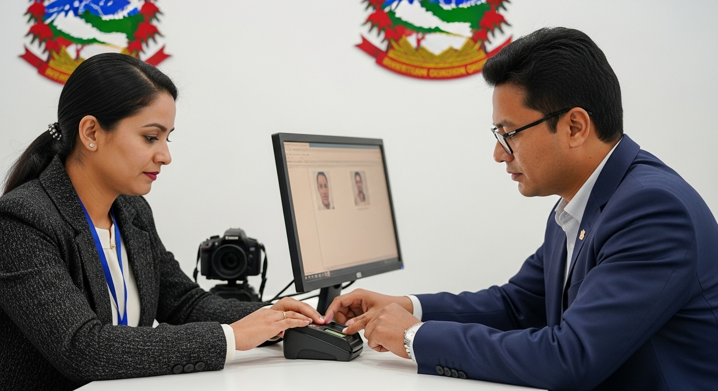 An ECN (Election Commission of Nepal) official is assisting a Nepali citizen with in-person biometric data capture for voter registration at a District Election Office. The scene shows the citizen placing their finger on a fingerprint scanner, while the official sits opposite them, looking at a computer screen. A camera is visible, indicating photo capture. The setting should be professional and modern, with subtle Nepali cultural elements or national symbols in the background. Emphasize the security and formality of the process.