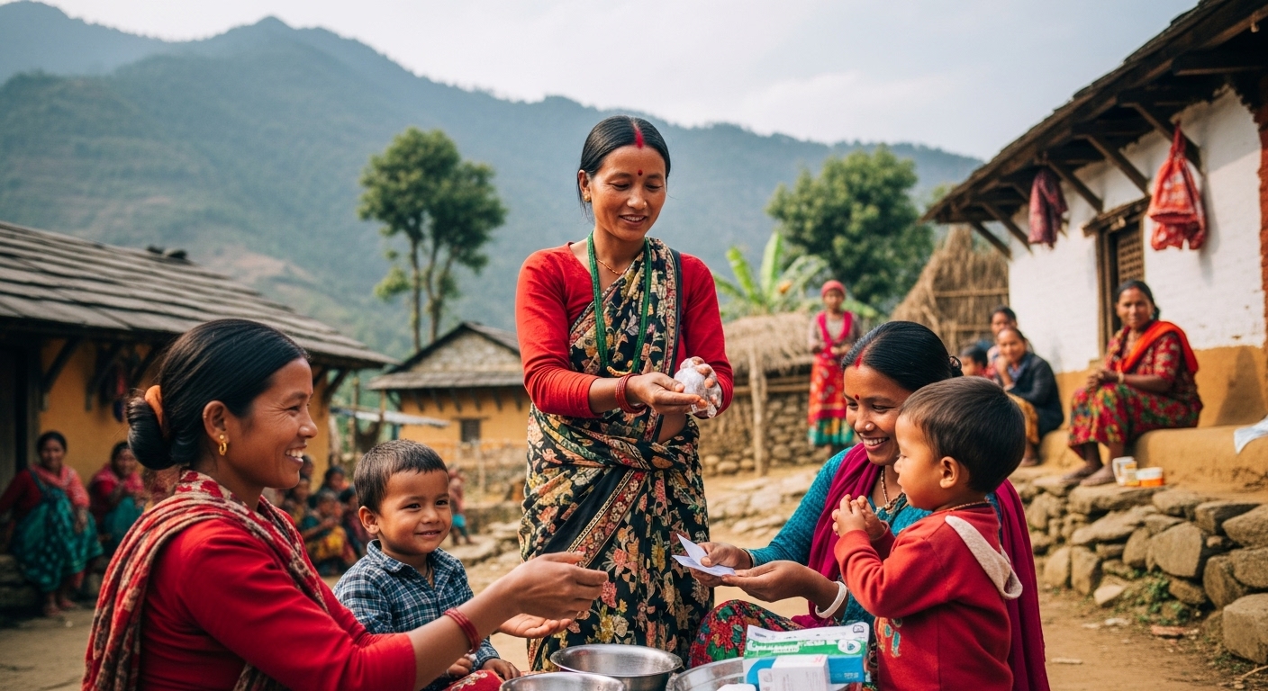 Nepal's Democratic Progress: Achievements & People's Sovereignty 2 A heartwarming and authentic image depicting a Female Community Health Volunteer (FCHV) in a rural Nepali village. She is wearing a typical sari or traditional dress, interacting with mothers and children, perhaps demonstrating healthy practices like handwashing, discussing family planning, or distributing health supplies. The background should show typical Nepali village life, with hills or mountains, traditional homes, and a sense of community. The image should convey a sense of care, community support, and progress in public health.