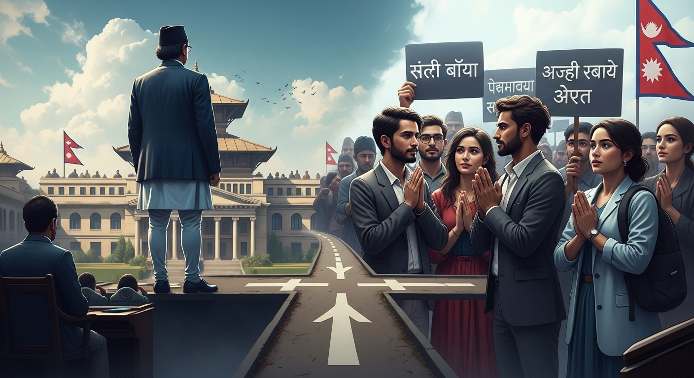 A visually symbolic image depicting Nepal's political crossroads. One side shows a strong, almost singular figure representing a directly elected executive, potentially overlooking a parliamentary building. The other side shows a diverse group of Nepali citizens, including youth, engaged in a democratic dialogue or peaceful protest, representing inclusivity. The image should convey the tension between stability and democracy, with subtle Nepali cultural elements.