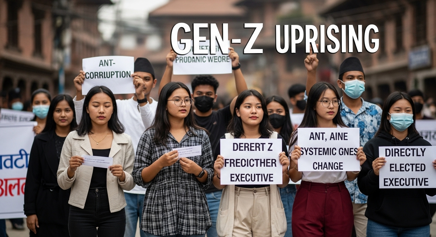 A dynamic, visually impactful image of the 'Gen Z uprising' in Nepal. Young Nepali citizens, diverse and energetic, are shown peacefully protesting in a vibrant street or public square, holding signs or banners that subtly convey messages of anti-corruption, demands for systemic change, and a desire for a directly elected executive. The setting should clearly be Nepal, with subtle cultural or architectural cues, emphasizing the youth-led, grassroots nature of the movement.
