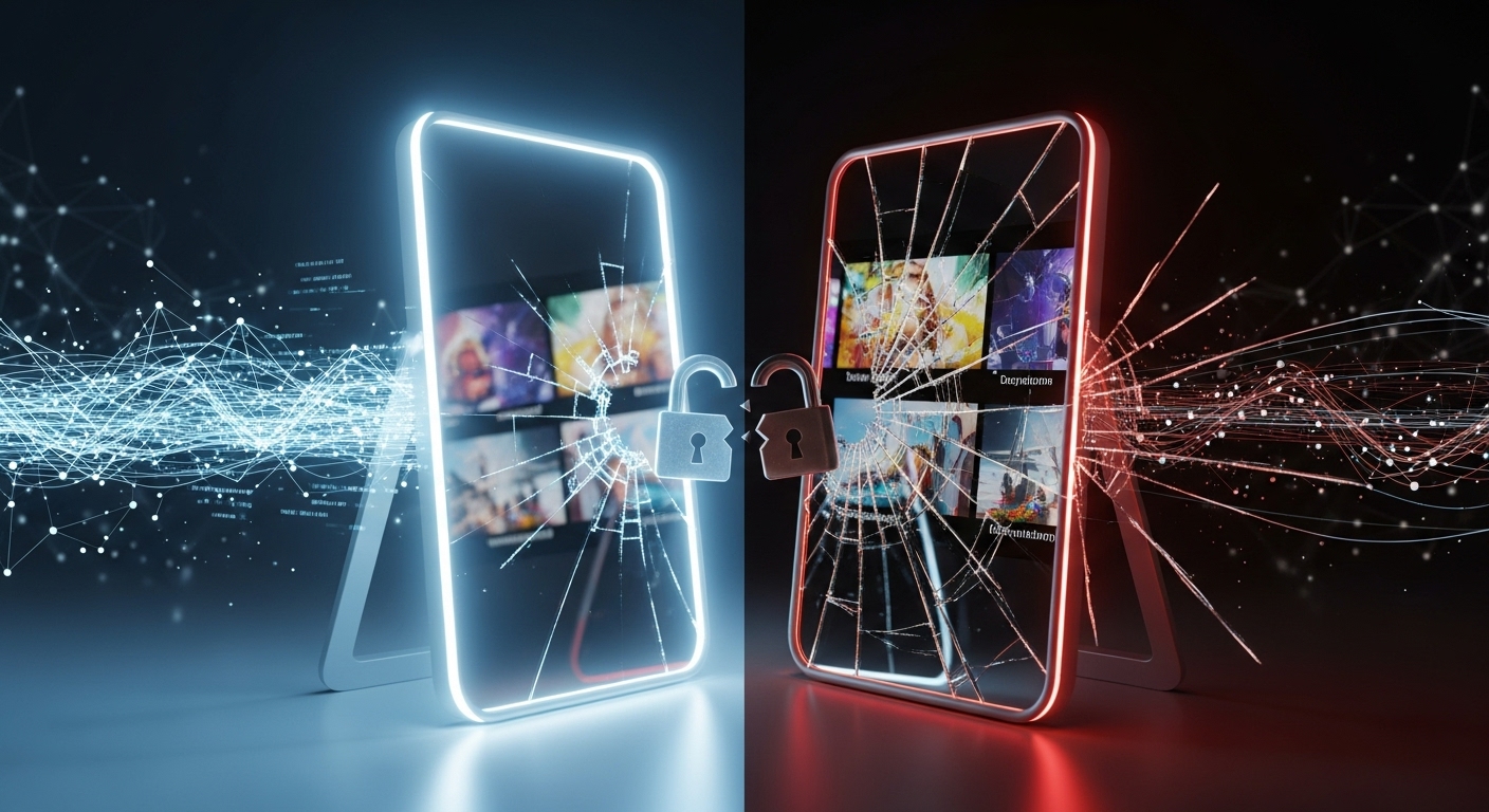 NetMirror App: Usage, Download, Features & Security Risks 1 A split image showing on one side a glowing, legitimate network mirror with data flowing securely, and on the other side, a dark, broken mirror reflecting glitching, unauthorized streaming content, with a padlock icon partially broken. Emphasize digital risk and caution.