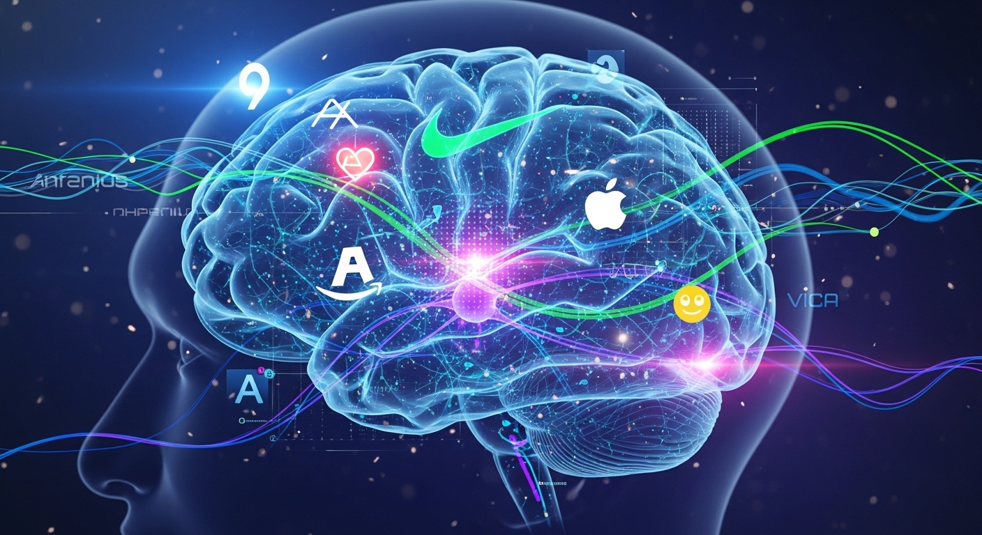 An abstract conceptual image illustrating neuromarketing. Show vibrant neural pathways within a stylized human brain interacting with subtle brand logos and emotional icons (like a heart or a smile). Incorporate elements of data visualization and subconscious decision-making. High-tech, futuristic aesthetic with a touch of human connection, in a clean, modern style.