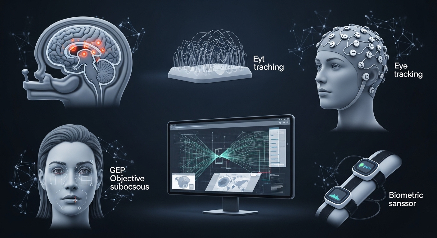 A modern, high-tech illustration showcasing various neuromarketing tools in action. Feature elements representing fMRI (a stylized brain scan with highlighted active regions), EEG (a person wearing an electrode cap), eye-tracking (gaze path overlay on a screen showing an ad or website), facial coding (a face with detected micro-expressions), and biometric sensors (wrist-worn devices). The image should convey scientific research, data collection, and objective measurement of subconscious responses in a sleek, clean, and futuristic style with subtle neural network connections.