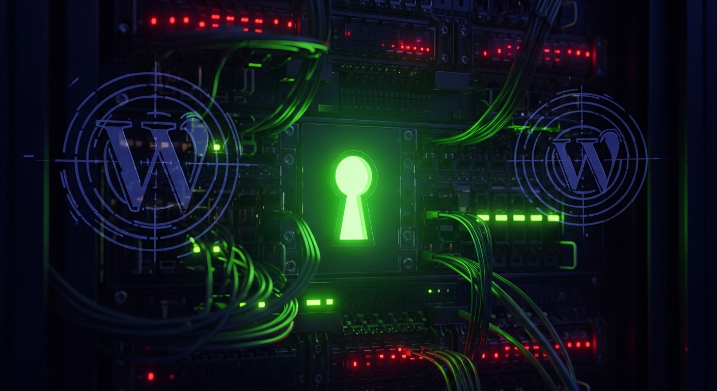 Nulled WordPress: Risks, Security & Safe Alternatives 2 A hidden, glowing green keyhole or access point on a dark, complex digital server rack, symbolizing a backdoor into a system. Subtly integrated WordPress logo elements are visible in the background, suggesting the target. Digital art, ominous, high contrast.