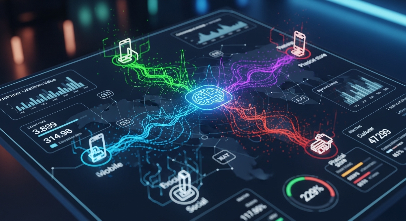 A futuristic digital marketing dashboard displaying interconnected customer journeys across various channels (web, mobile, email, social, physical store). A central, abstract AI brain icon orchestrates data flows, emphasizing seamless integration and personalized interactions with glowing data streams.