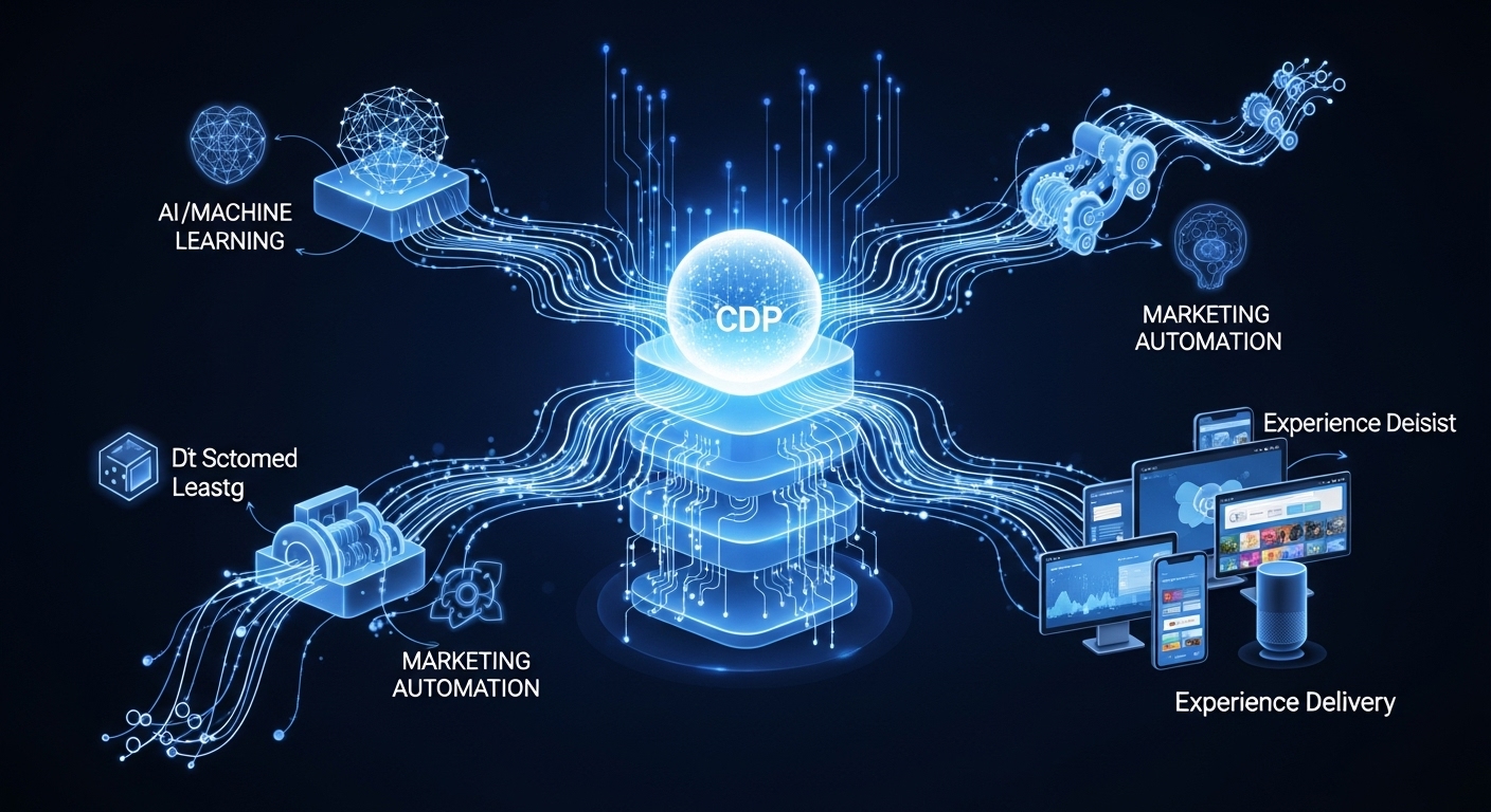 A futuristic digital marketing technology stack visualized as a glowing, interconnected ecosystem. A central Customer Data Platform (CDP) sphere acts as the core, with dynamic data streams flowing outward to interconnected modules representing AI/Machine Learning (symbolized by a complex neural network or abstract brain icon), Marketing Automation (automated gears or flowing sequences), and Experience Delivery (diverse screens and devices like web, mobile, and smart speakers). Emphasize seamless integration, real-time data flow, and intelligent decision-making across all components. Use vibrant, digital art style with luminous lines and subtle energy effects.