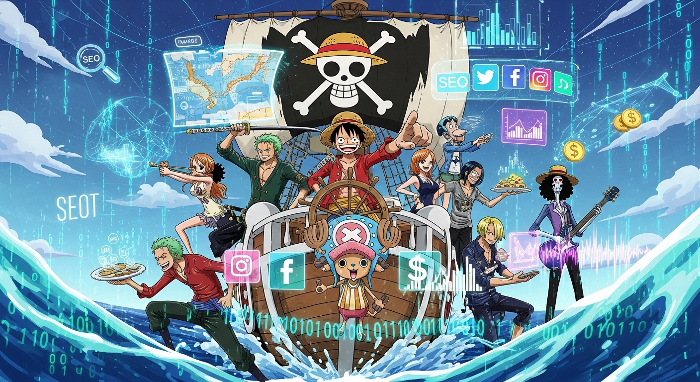 One Piece Digital Marketing: Master Lasting Brand Strategy 1 Monkey D. Luffy and the Straw Hat Crew on a pirate ship, sailing through a digital ocean with glowing data streams and marketing icons like SEO, social media, and analytics, vibrant anime style.