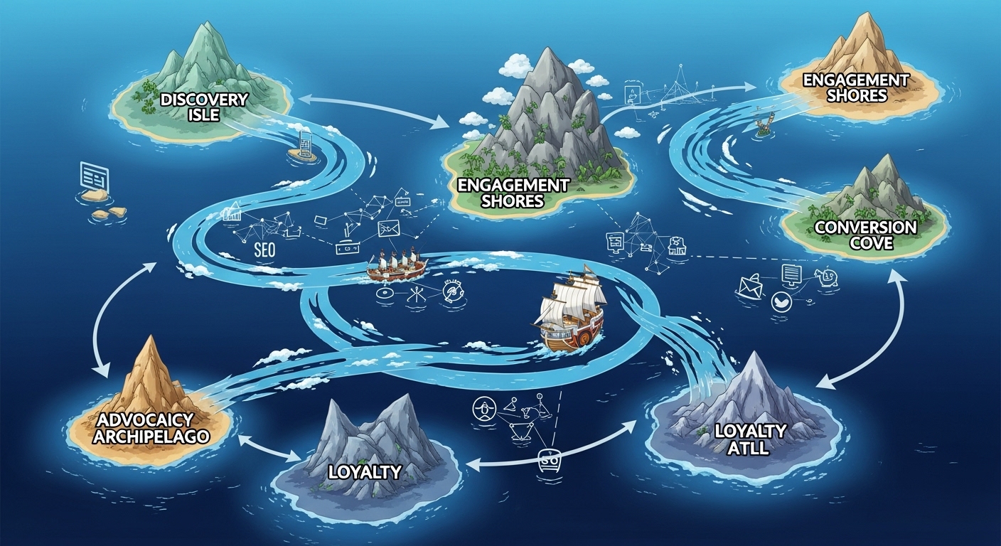 One Piece Digital Marketing: Master Lasting Brand Strategy 2 An illustrative map combining the treacherous Grand Line from One Piece with a modern digital customer journey. Show a winding ocean path connecting distinct, visually unique islands, each island subtly representing a stage of the customer journey (e.g., 'Discovery Isle,' 'Engagement Shores,' 'Conversion Cove'). Digital marketing elements like flowing data streams, network connections, and small icons representing SEO, social media, email marketing, and analytics should be integrated into the sea and island landscapes, guiding a small, metaphorical 'brand ship' through the journey. The style should be vibrant, adventurous, and clearly blend anime aesthetics with professional marketing graphics, emphasizing strategic navigation.